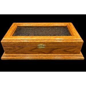 Vintage 70s Solid Oak Wood Jewelry Box Etched Glass Lid Crushed Velvet Lining